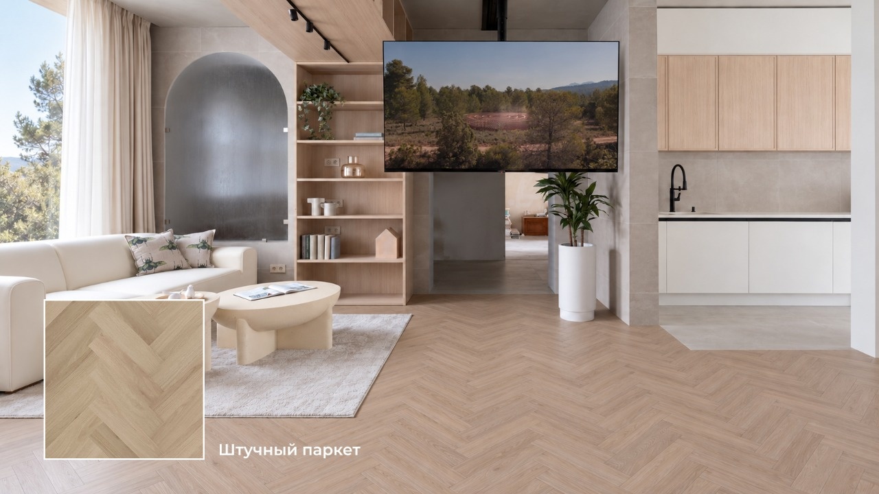 Светлая гостиная с кухней, диваном, стеллажами и ТВ. Кварцевый ламинат уложен "елочкой", под светлый дуб. В левом нижнем углу врезка с текстурой "Штучный паркет"